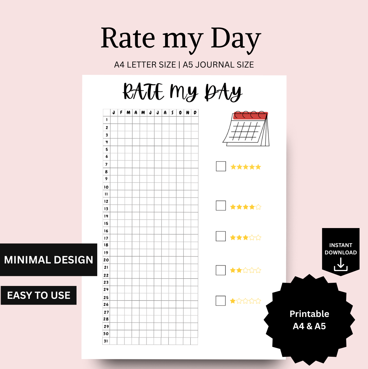 Printable rate my day tracker template with daily logging,for A4 and A5  Minimalist layout for rate my day progress tracking.